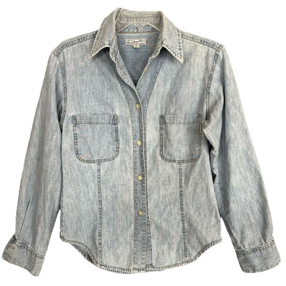GUESS Vintage Y2K Denim Shirt Womens Small Slim Fit Chambray Western Light Wash